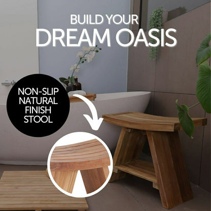 Siena Natural Teak Shower and Bath Stool with Curved Seat and Shelf | Plow & Hearth