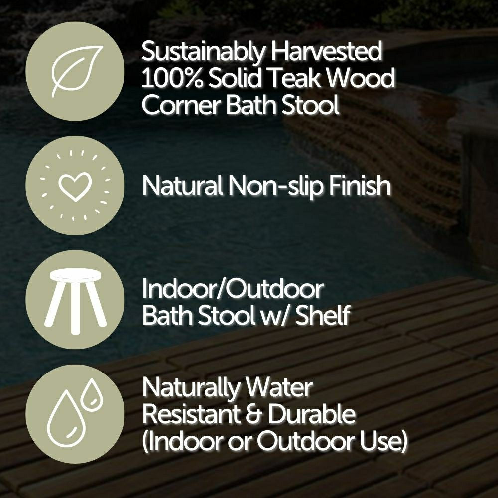 Siena Natural Teak Shower and Bath Stool with Curved Seat and Shelf | Plow & Hearth