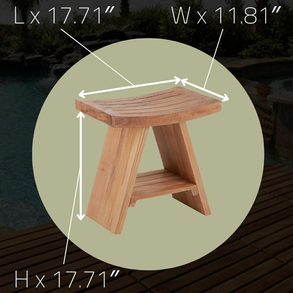 Siena Natural Teak Shower and Bath Stool with Curved Seat and Shelf | Plow & Hearth