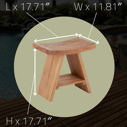 Siena Natural Teak Shower and Bath Stool with Curved Seat and Shelf | Plow & Hearth