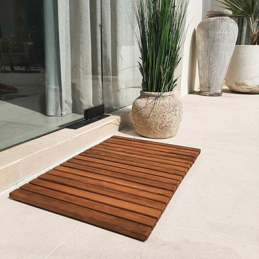 Sunriver Teak Shower and Bath String Mat with Rubber Feet 23.62" x 15. | Plow & Hearth