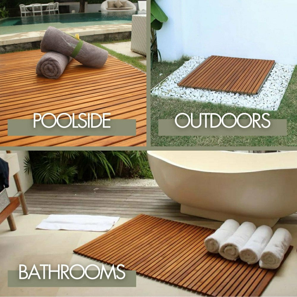 Sunriver Teak Shower and Bath String Mat with Rubber Feet 23.62" x 15. | Plow & Hearth