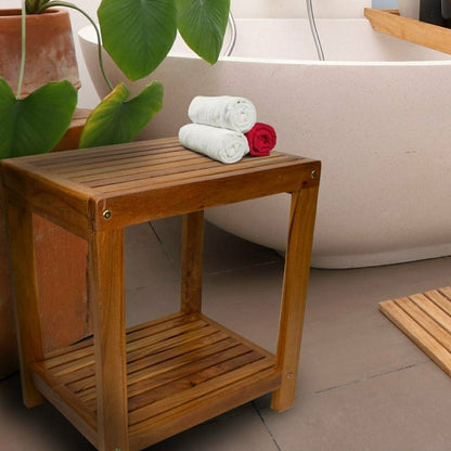Bali Teak Shower and Bath Spa Bench with Shelf – 18″ | Plow & Hearth