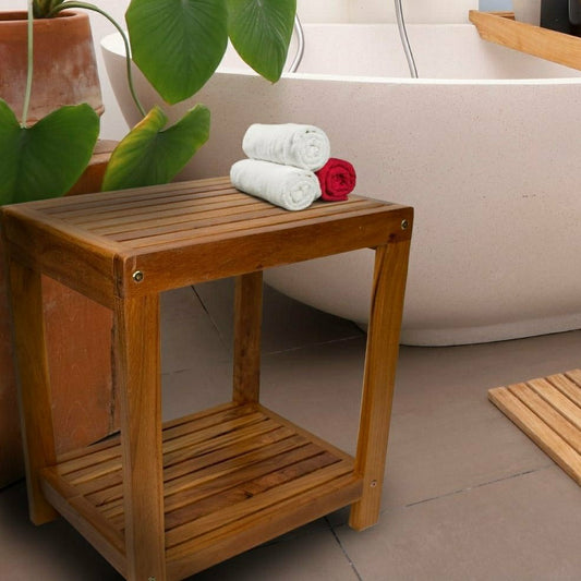 Bali Teak Shower and Bath Spa Bench with Shelf – 18″ | Plow & Hearth