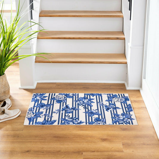 Chinoiserie Bow Floral Wreath Washable Mat 24"x36" | Plow & Hearth