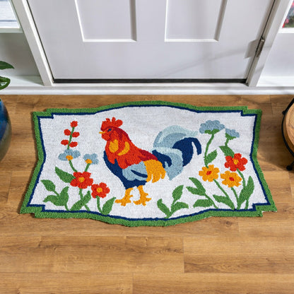 Floral Rooster Indoor/Outdoor Hooked Rug 24"x42" | Plow & Hearth