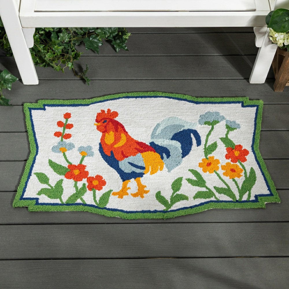 Floral Rooster Indoor/Outdoor Hooked Rug 24"x42" | Plow & Hearth
