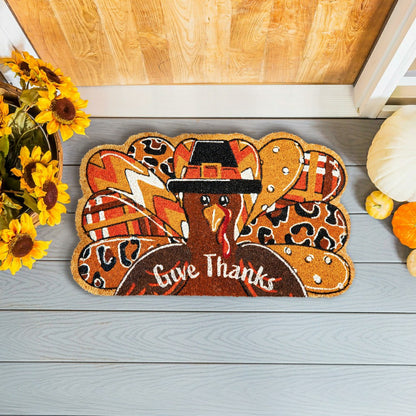 Give Thanks Patterned Turkey Shaped Coir Mat | Plow & Hearth