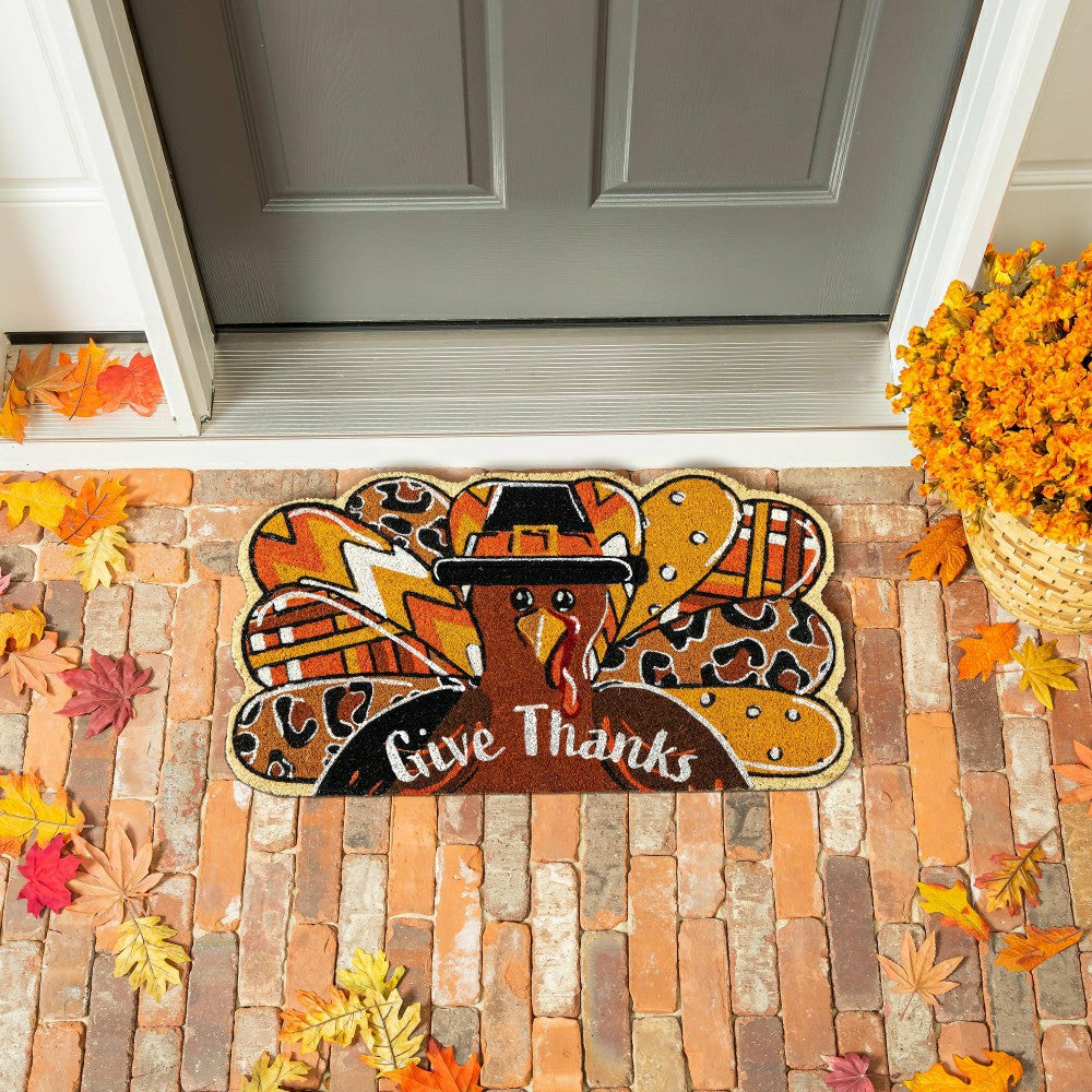Give Thanks Patterned Turkey Shaped Coir Mat | Plow & Hearth