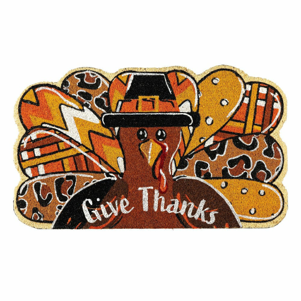 Give Thanks Patterned Turkey Shaped Coir Mat | Plow & Hearth