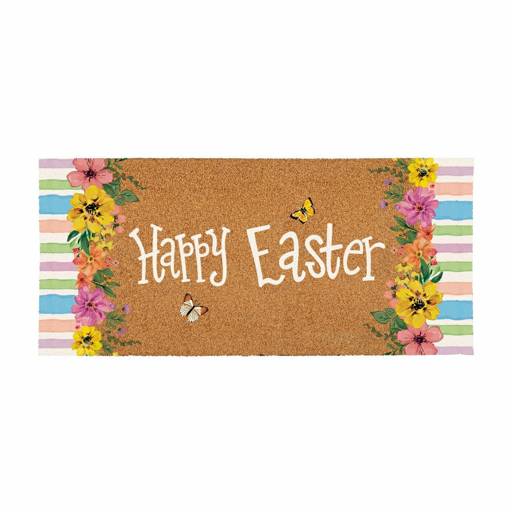 Bunny Blooms Floral Bunny, Flocked Coir Sassafras Switch Mat 22"x10" | Plow & Hearth