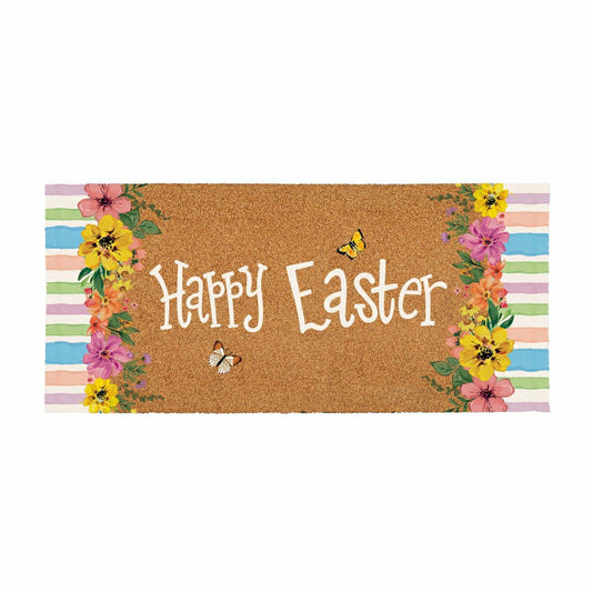Bunny Blooms Floral Bunny, Flocked Coir Sassafras Switch Mat 22"x10" | Plow & Hearth