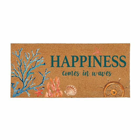 Blue Coastal Beach, Flocked Coir Sassafras Switch Mat 22"x10" | Plow & Hearth