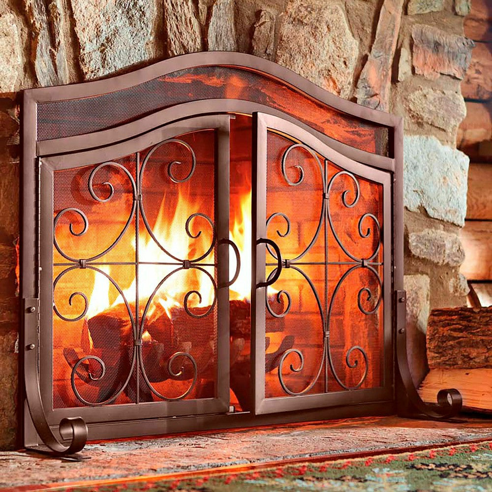 Small Crest Fireplace Screen With Doors | Plow & Hearth