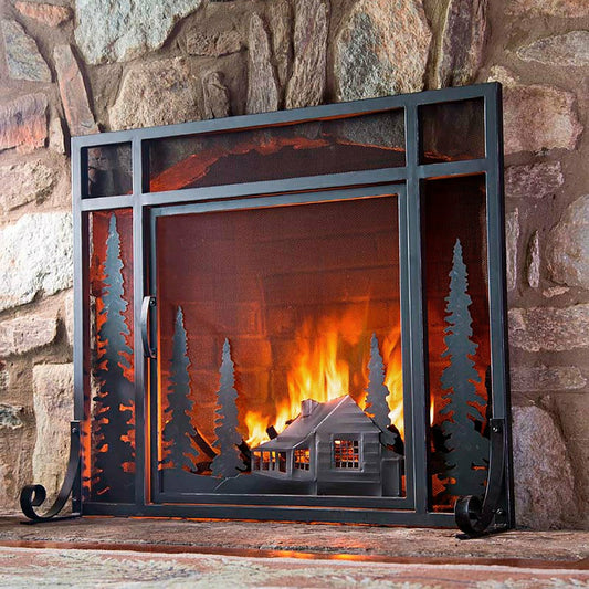 Small Mountain Cabin Fire Screen With Door | Plow & Hearth