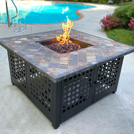 Kingsbury Outdoor LP Gas Fire Pit with Slate and Marble Tile Mantel, 4 | Plow & Hearth