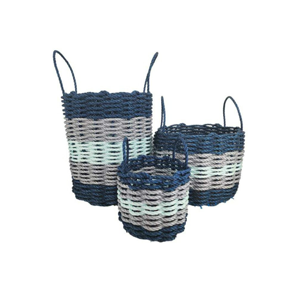 Five Stripe Rope Storage Basket Navy Blue, Light Gray, Seafoam | Plow & Hearth