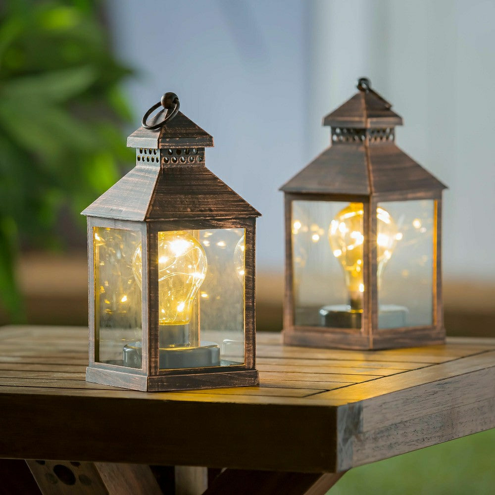 8.5"H Battery Operated Twinkling Light Bulb Lantern, Brushed Bronze; S | Plow & Hearth