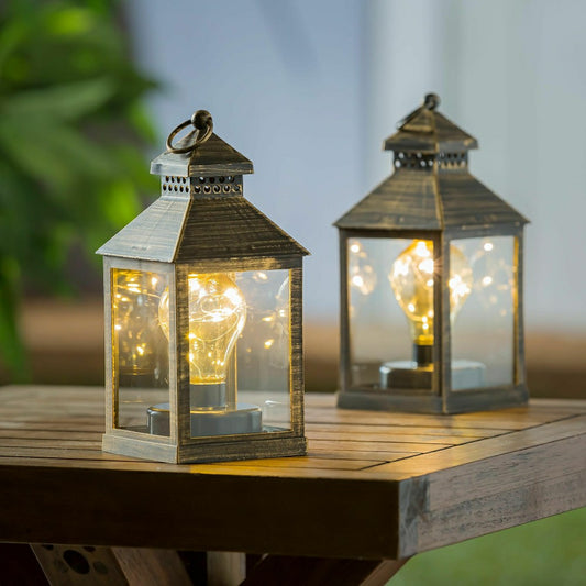8.5"H Battery Operated Twinkling Light Bulb Lantern, Black with Brushe | Plow & Hearth
