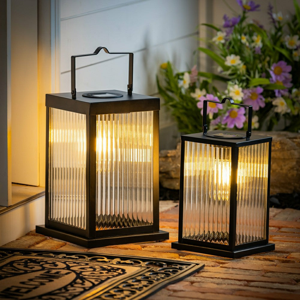 Solar Metal Lantern with Edison Bulbs, Set of 2 | Plow & Hearth