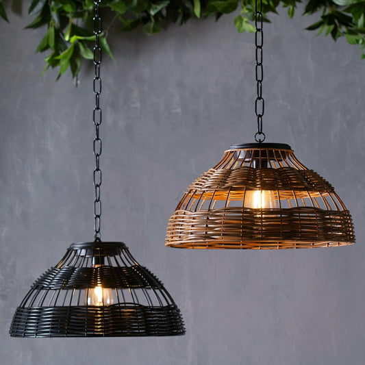 All-Weather Wicker Solar Pendant Lamp, Small, Black | Plow & Hearth