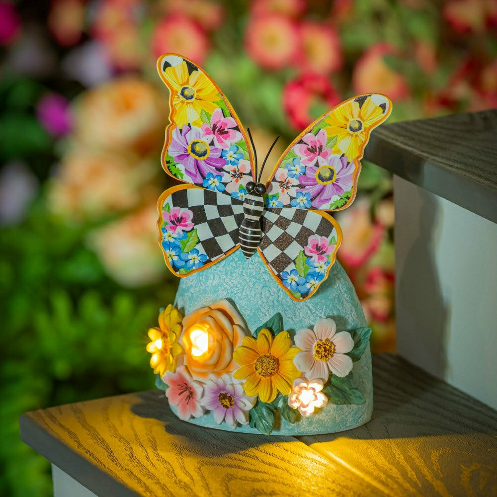 Courtly Check Butterfly Metal LED Solar Garden Statue | Plow & Hearth