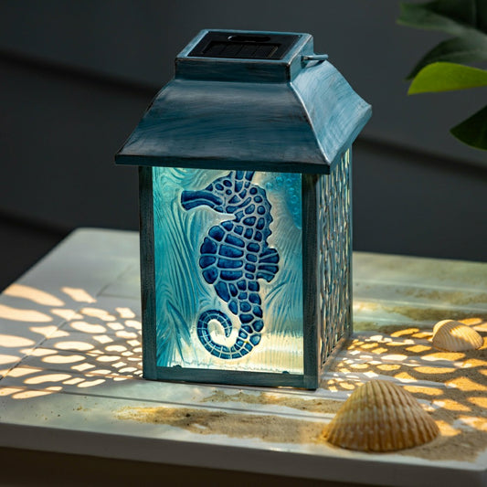 Seaside Retreat Outdoor Lamp & Lighting Glass Seahorse Solar Lantern | Plow & Hearth