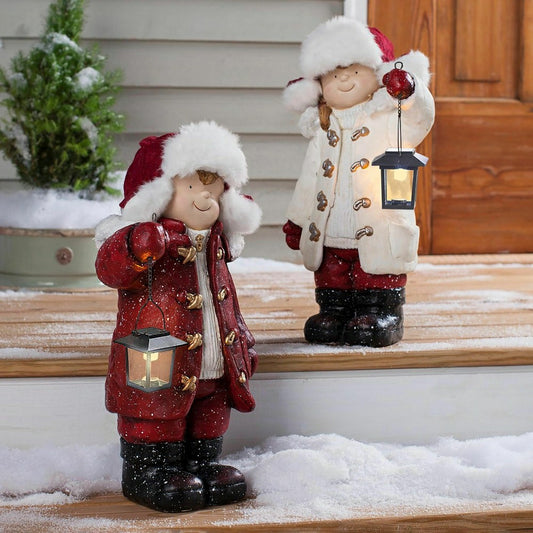 Wintertime Children with Lanterns Solar Garden Statues, Set of 2 | Plow & Hearth