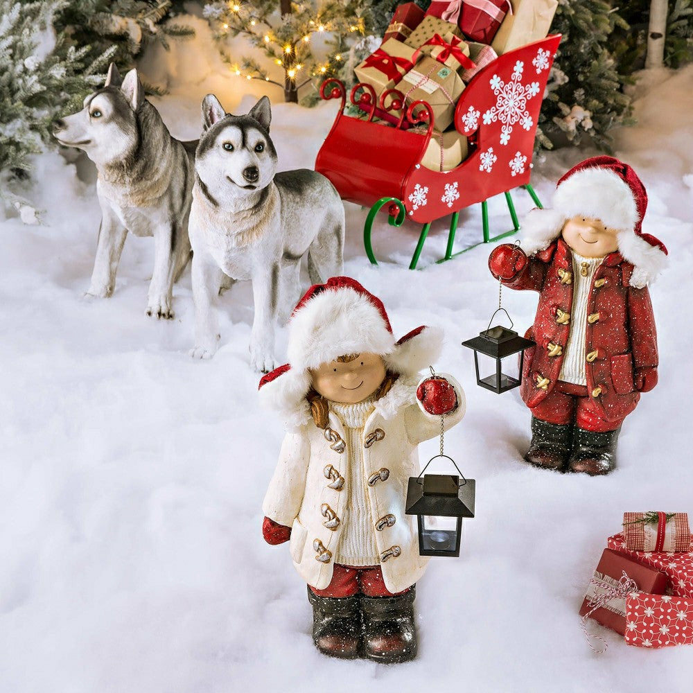 Wintertime Children with Lanterns Solar Garden Statues, Set of 2 | Plow & Hearth