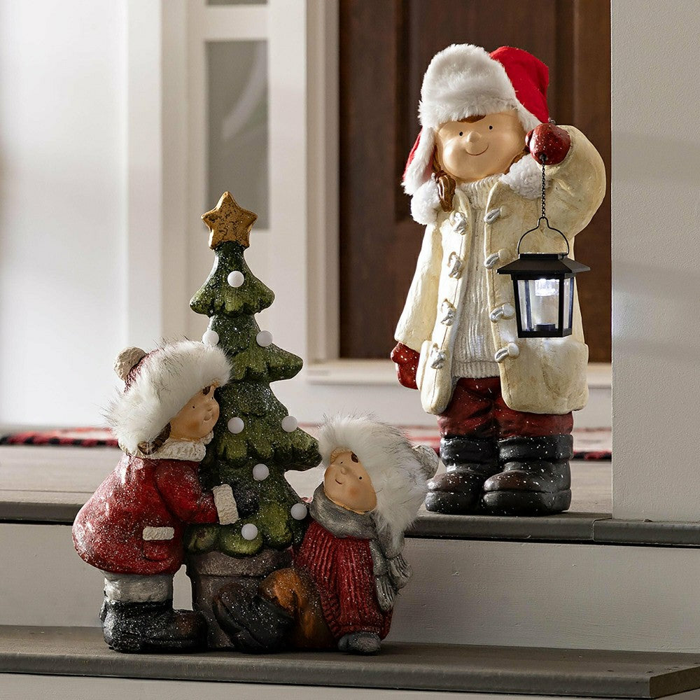 Wintertime Children with Lanterns Solar Garden Statues, Set of 2 | Plow & Hearth