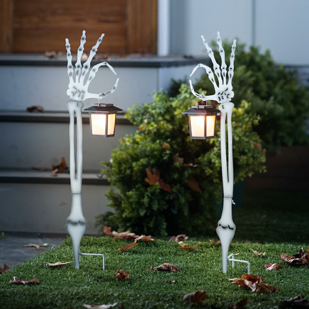 Halloween Skeleton Arm Metal Stakes with Solar Lanterns, Set of 2 | Plow & Hearth