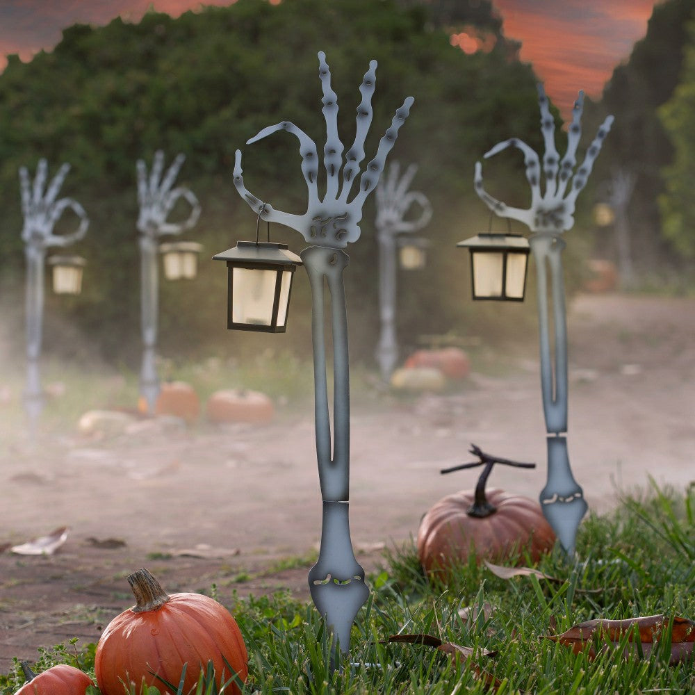 Halloween Skeleton Arm Metal Stakes with Solar Lanterns, Set of 2 | Plow & Hearth