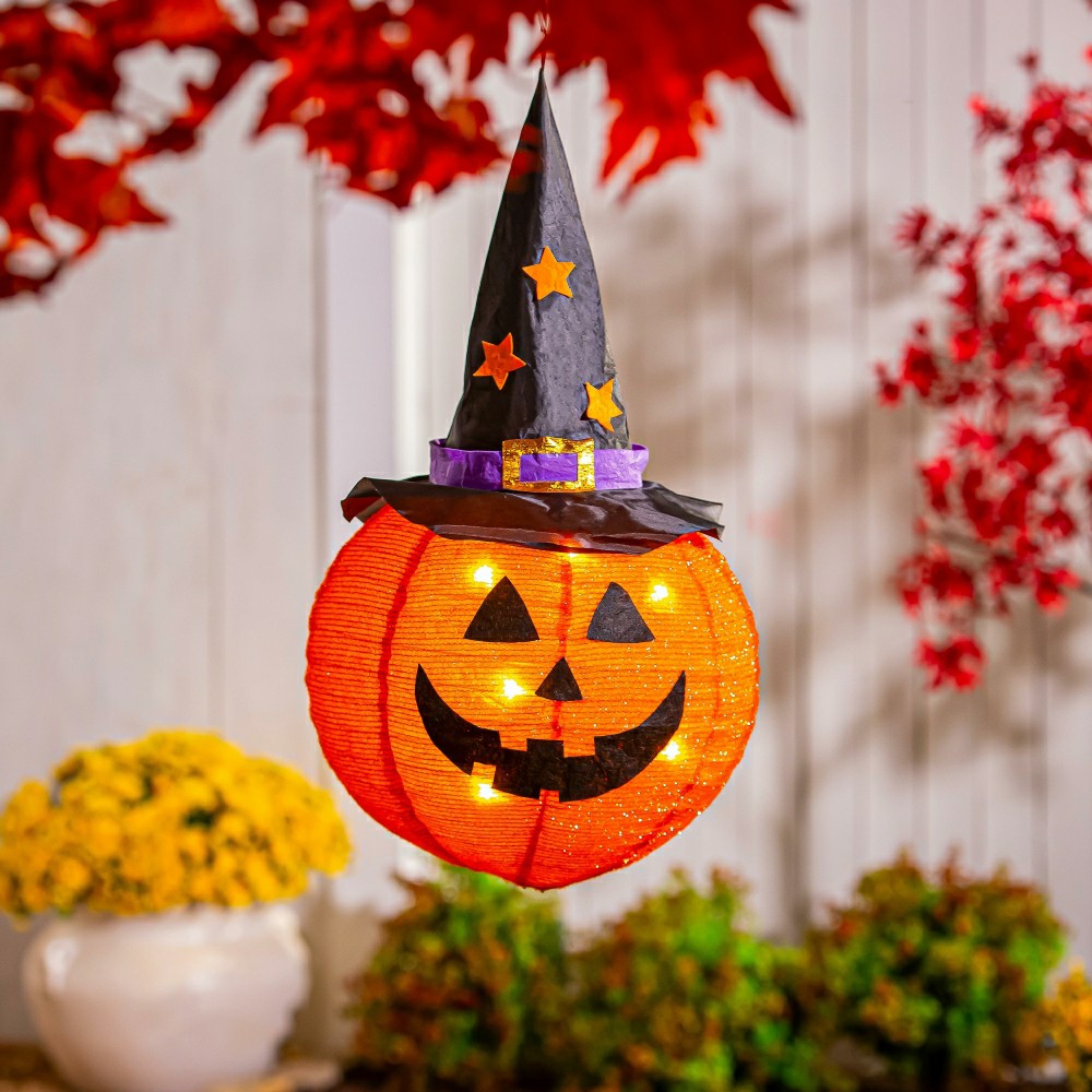 Hanging LED Fabric Witch Hat Jack O'Lantern Pumpkin | Plow & Hearth