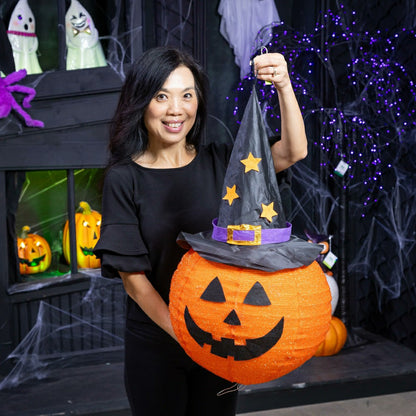 Hanging LED Fabric Witch Hat Jack O'Lantern Pumpkin | Plow & Hearth