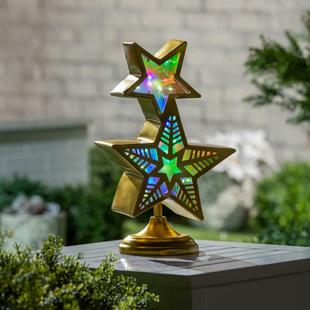 Stacked Star LED Color Changing Garden Statue, 14" H | Plow & Hearth