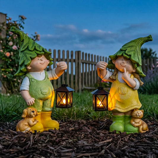 Garden Friends Statues with Lanterns, Set of 2 | Plow & Hearth