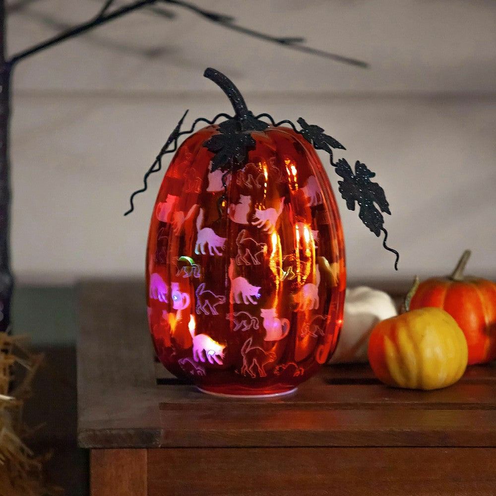 Mercury Glass Lighted Orange Pumpkin with Cats | Plow & Hearth