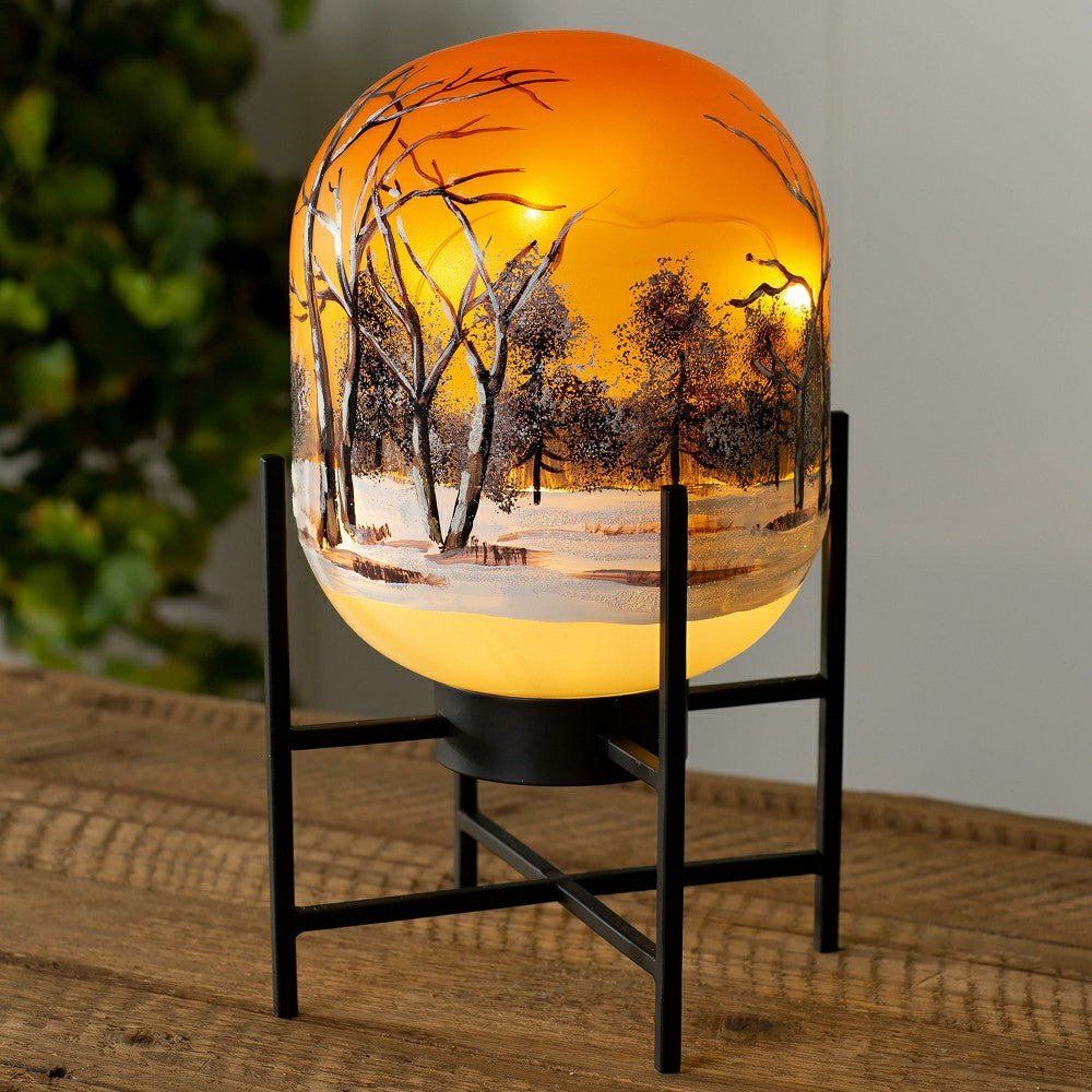 Illuminated Harvest Scene Glass Lantern on Metal Stand | Plow & Hearth