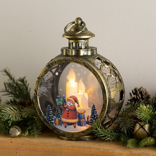Santa Claus Christmas Scene Lantern with LED Candles | Plow & Hearth