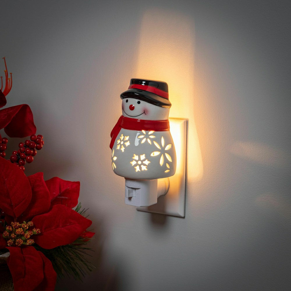 Heartfelt Cheer Nightlight Ceramic Snowman with Snowflake Cut-Outs | Plow & Hearth