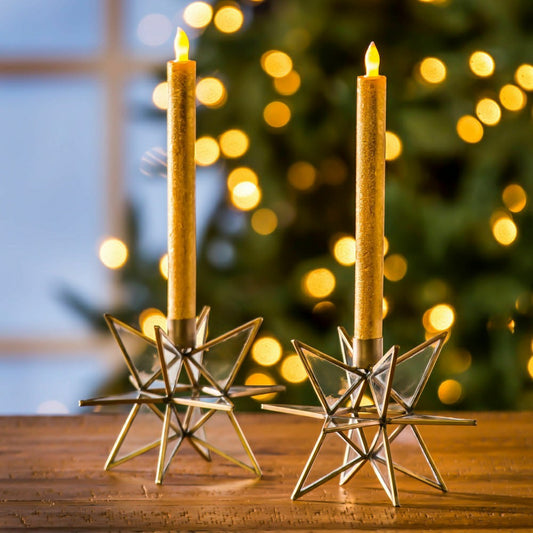 Clear Moravian Star Metal Taper Holder, Set of 2, Brass | Plow & Hearth