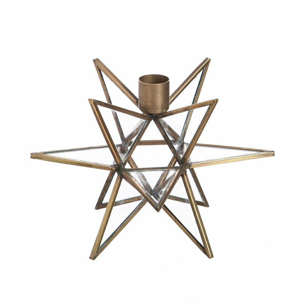 Clear Moravian Star Metal Taper Holder, Set of 2, Brass | Plow & Hearth