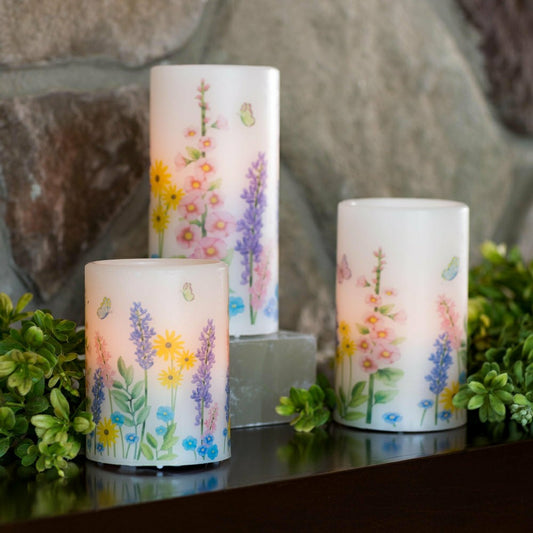 Flameless Pillar Candles with Floral Designs, Set of 3 | Plow & Hearth
