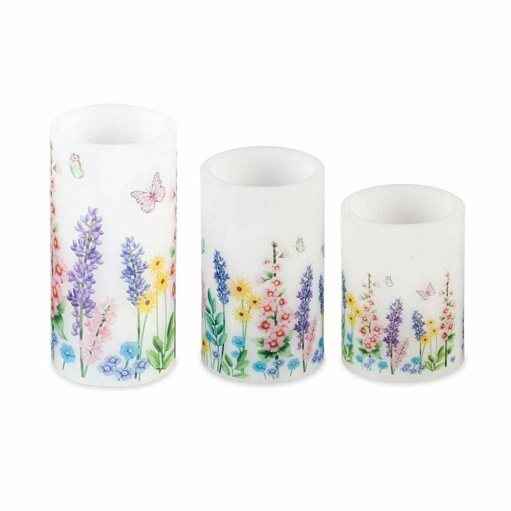 Flameless Pillar Candles with Floral Designs, Set of 3 | Plow & Hearth