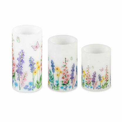 Flameless Pillar Candles with Floral Designs, Set of 3 | Plow & Hearth