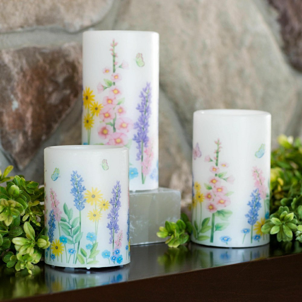 Flameless Pillar Candles with Floral Designs, Set of 3 | Plow & Hearth