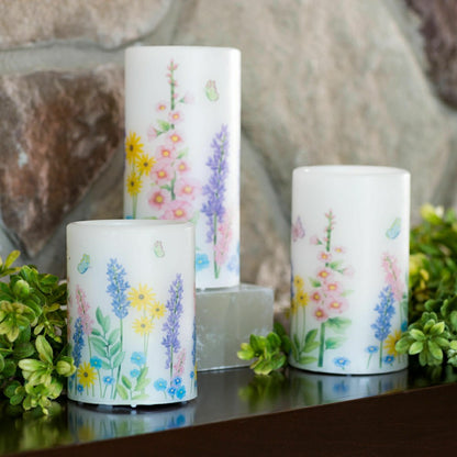 Flameless Pillar Candles with Floral Designs, Set of 3 | Plow & Hearth