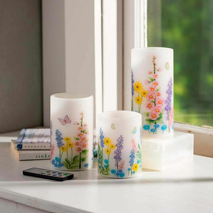Flameless Pillar Candles with Floral Designs, Set of 3 | Plow & Hearth