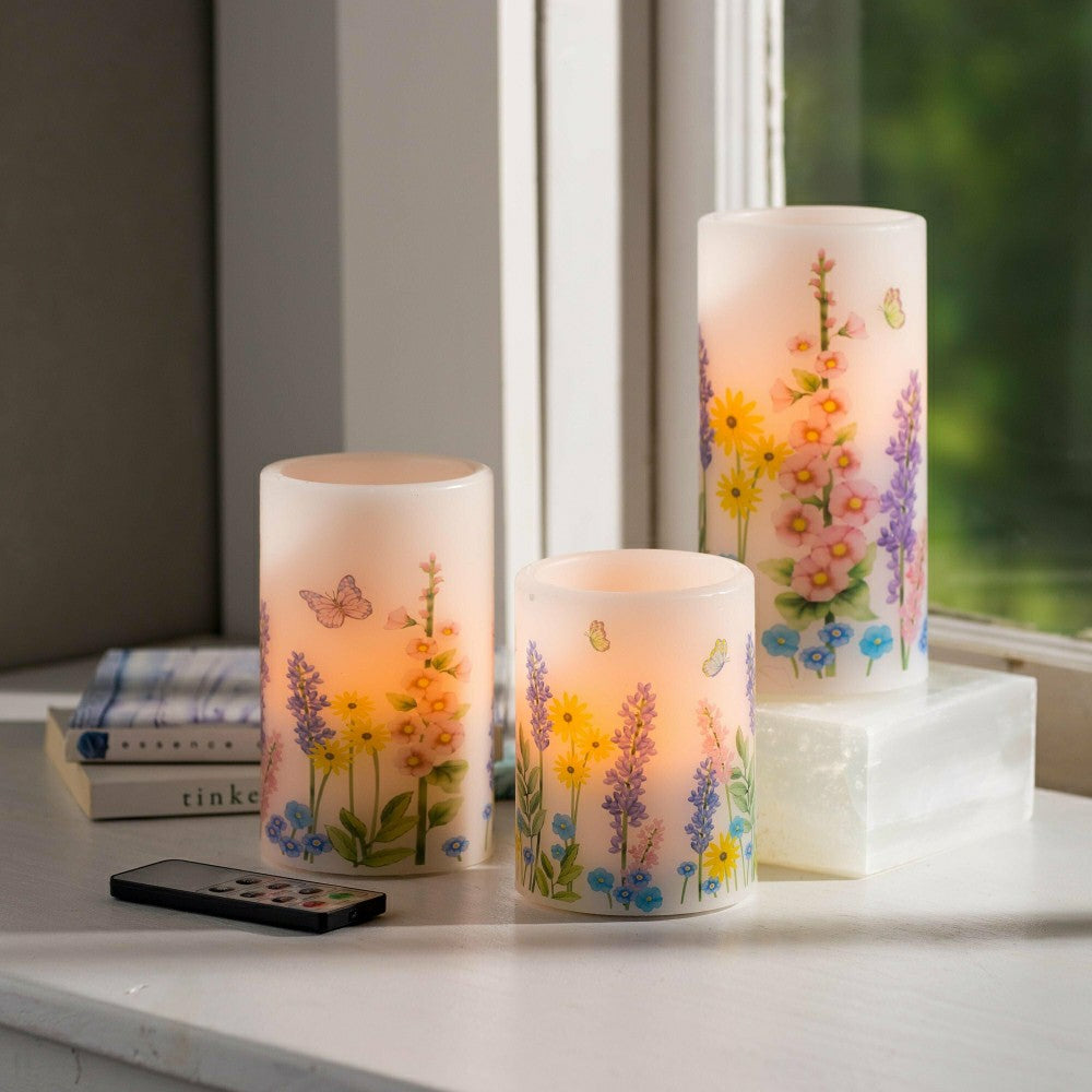 Flameless Pillar Candles with Floral Designs, Set of 3 | Plow & Hearth