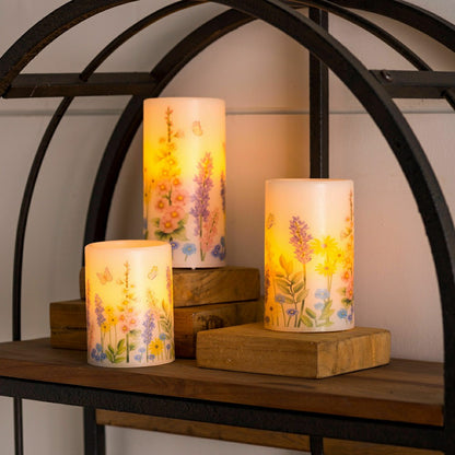Flameless Pillar Candles with Floral Designs, Set of 3 | Plow & Hearth